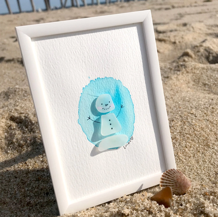 "Snowman" Sea Glass Art by Sook & Hook