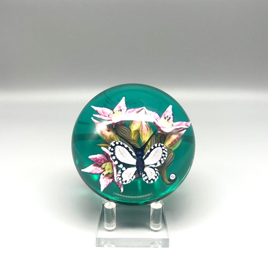 Pink Lilies & Butterfly Paperweight by William Manson