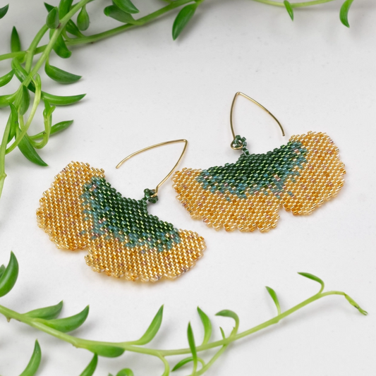 Golden Ginkgo Palm Leaf Earrings by Tulia's Artisan Gallery