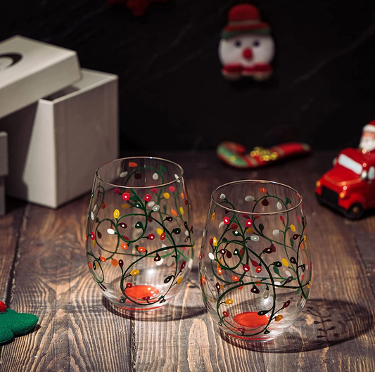 Set of 2 Stemless Christmas Lights Wine Glass Tumblers by The Wine Savant