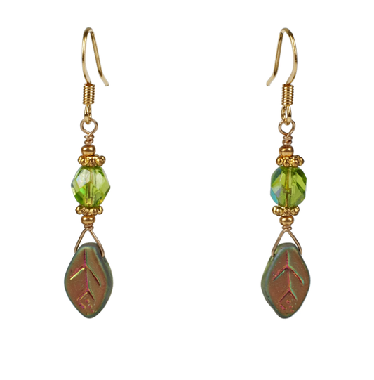 Wrapped Bohemian Glass Leaf with Crystal Earrings by KJK Jewelry