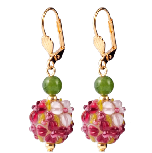Pink Floral Lampwork Glass & Jade Earrings by KJK Jewelry